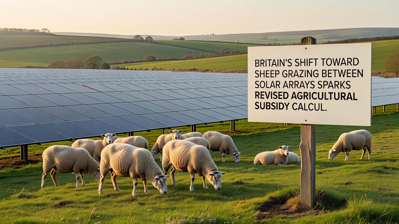 Close-up view of solar panels with sheep grazing underneath on mixed farmland