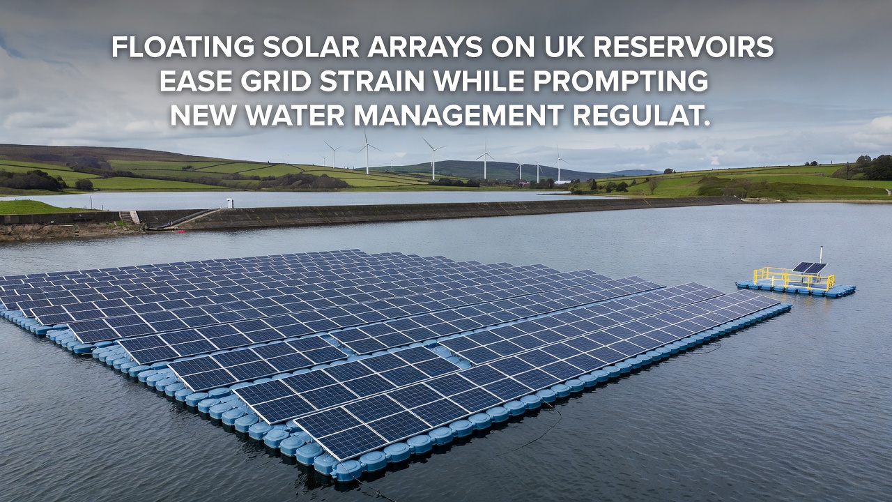 Close-up view of floating solar array components on reservoir water with regulatory compliance markers