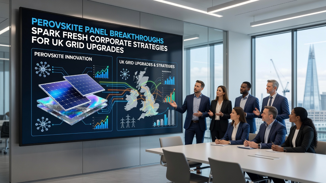 Engineers inspecting perovskite solar array connections during a UK grid upgrade project