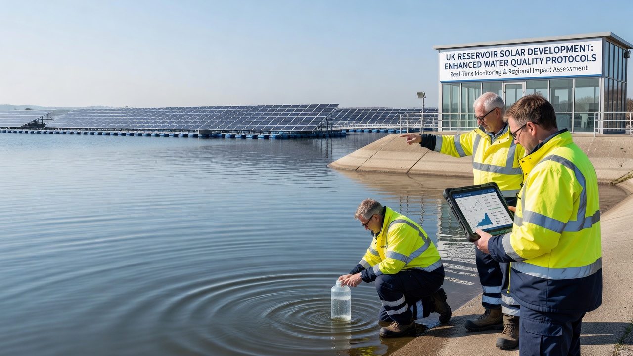 Close-up of water quality sensors deployed near floating solar installations on a reservoir
